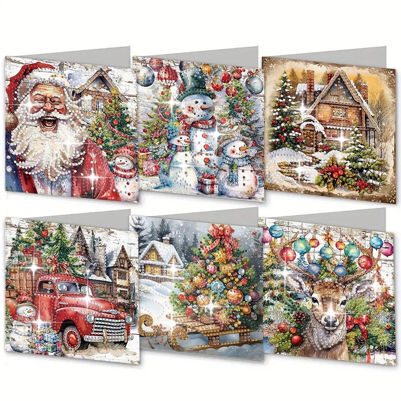 6PCS DIY Diamond Art Christmas Greeting Cards Kit, Snowman Deer Santa Claus Diamond Art Christmas Cards Making, Xmas Crafts with Envelopes for Adults Kids Gifts - Image 1